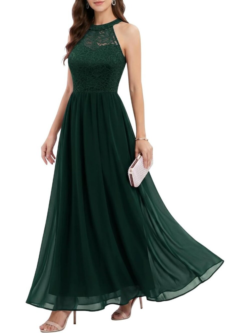 Womens Dark Green Halter Neck Floral Lace Bridesmaid Cocktail Bodycon Maxi Dress